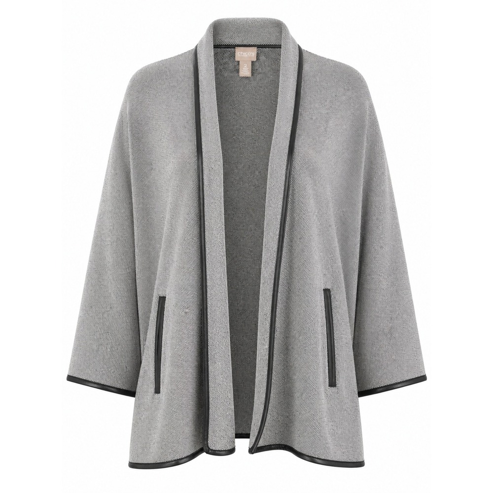 Chicos Grey Black Birds Eye Knit Open Front Cardigan Faux Leather Trim Size 2 L
